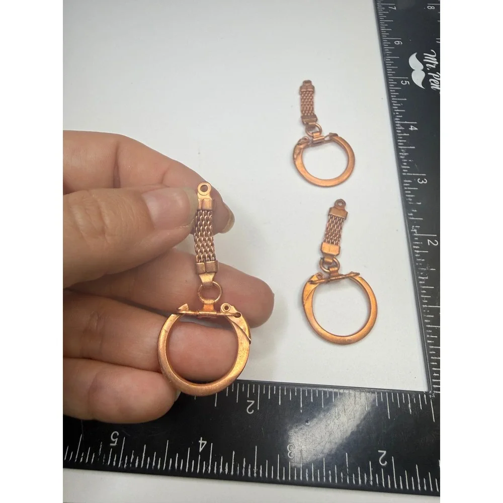 Vintage Copper Mesh Keychain Lot 3pc Snake Head Serpent Key Ring Mid Century